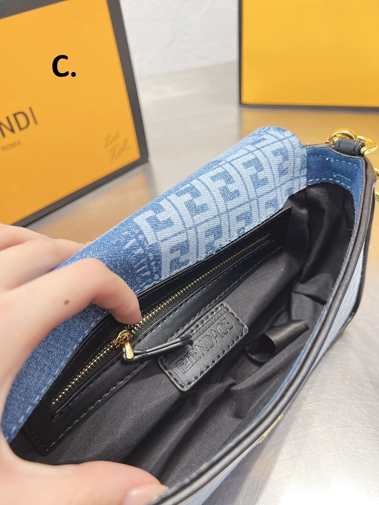 Fendace Baguette Denim Shoulder Bag with Medusa Clasp and FF Logo