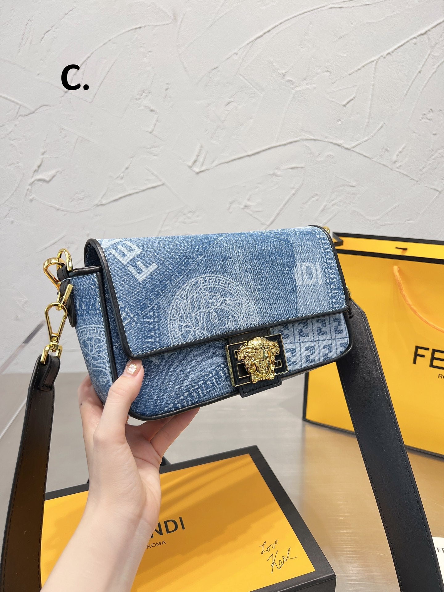 Fendace Denim Medusa Shoulder Bag - Blue Monogram Crossbody with Gold Hardware