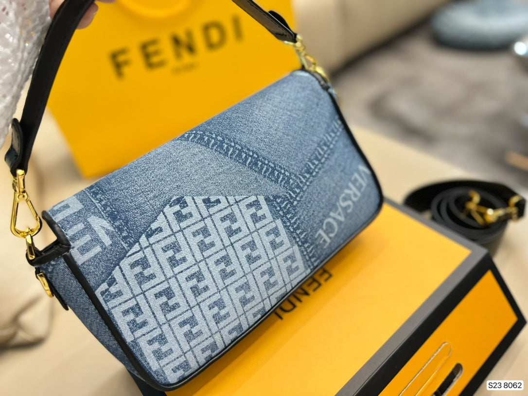 Fendace Fendi x Versace Denim Monogram Shoulder Bag with Gold Medusa Hardware