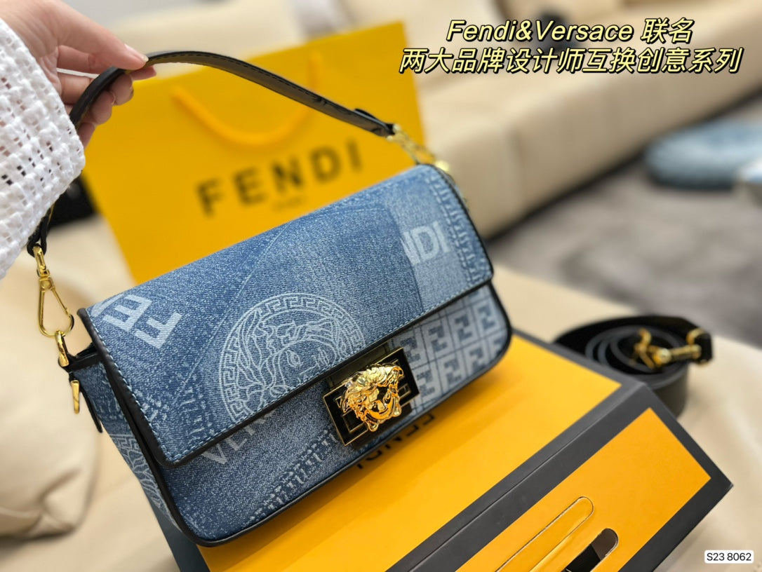 Fendace Fendi x Versace Denim Monogram Shoulder Bag with Gold Medusa Hardware
