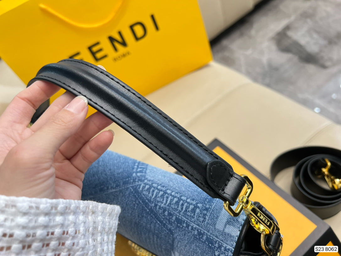 Fendace Fendi x Versace Denim Monogram Shoulder Bag with Gold Medusa Hardware