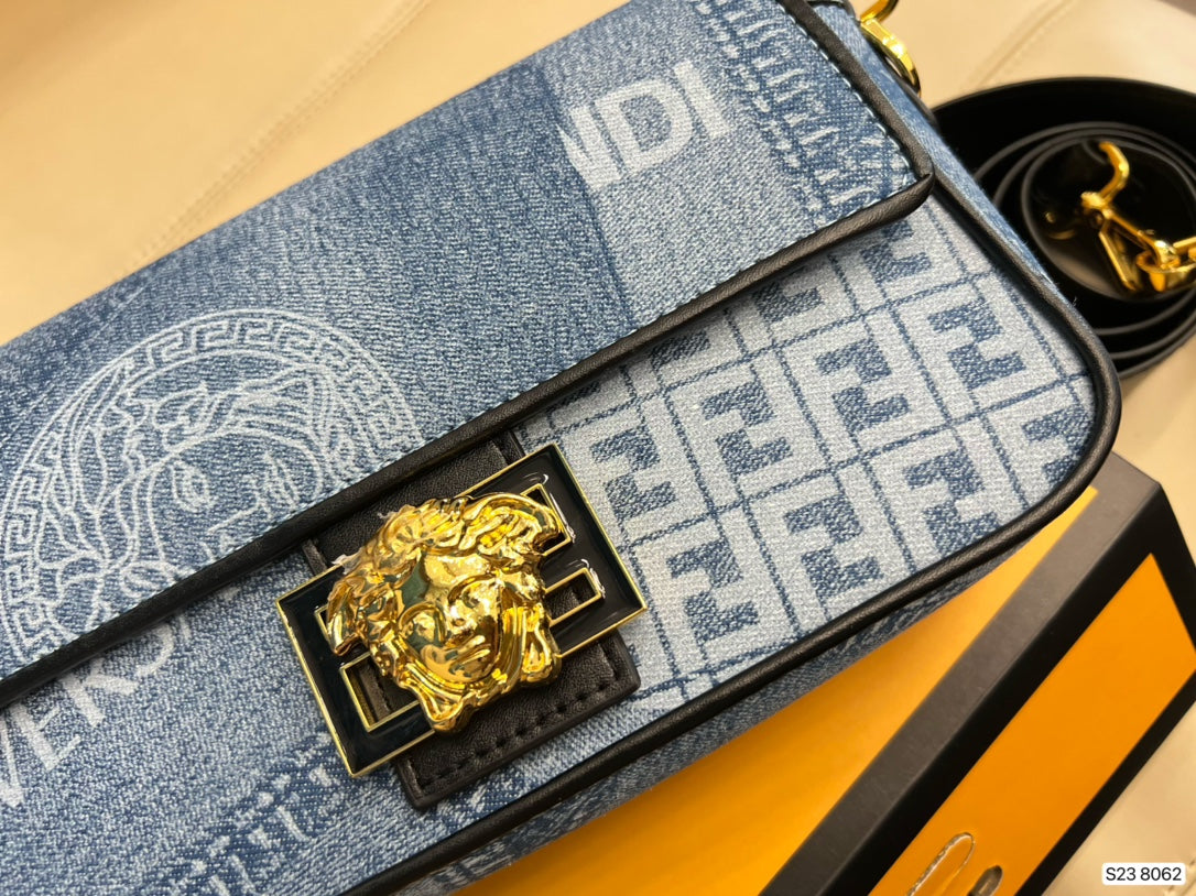 Fendace Fendi x Versace Denim Monogram Shoulder Bag with Gold Medusa Hardware