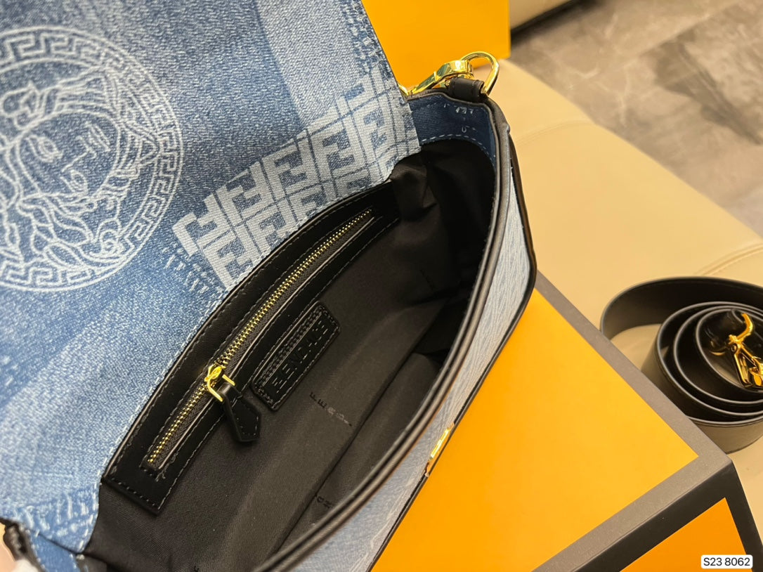 Fendace Denim Logo Shoulder Bag with Medusa Clasp