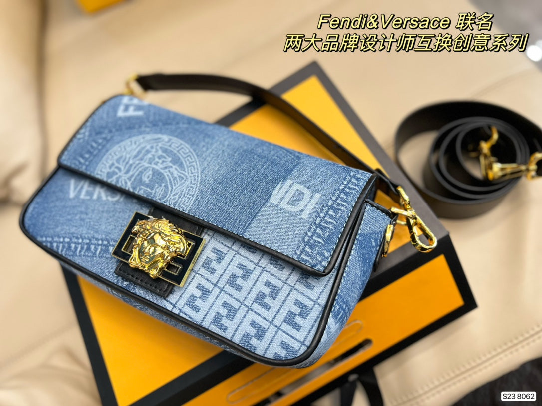 Fendace Fendi x Versace Denim Monogram Shoulder Bag with Gold Medusa Hardware