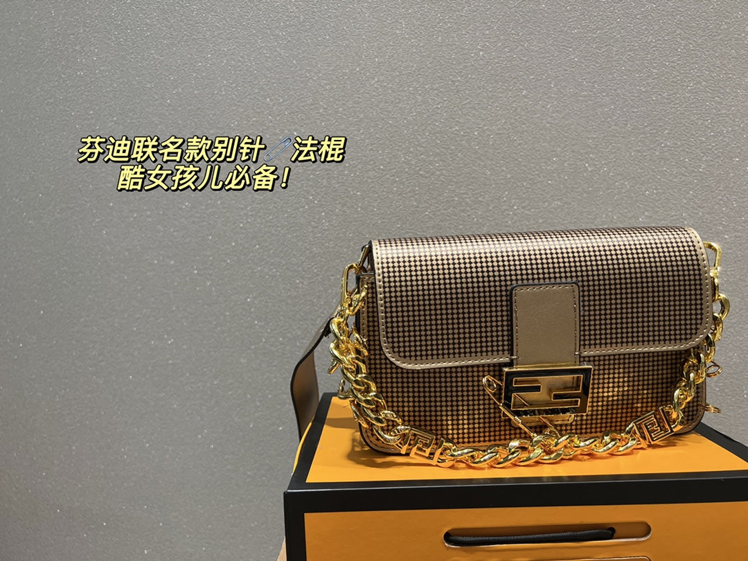 Fendace Gold-Tone Ribbed Baguette Shoulder Bag with Safety Pin Clasp