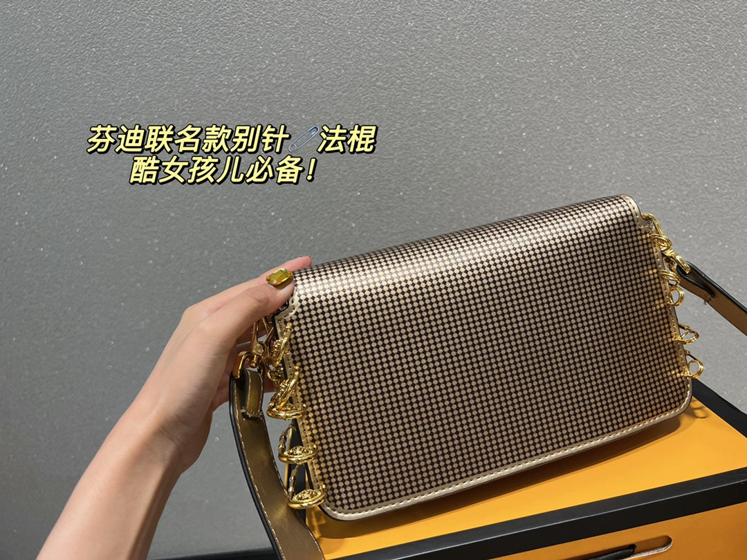 Fendace Gold-Tone Ribbed Baguette Shoulder Bag with Safety Pin Clasp
