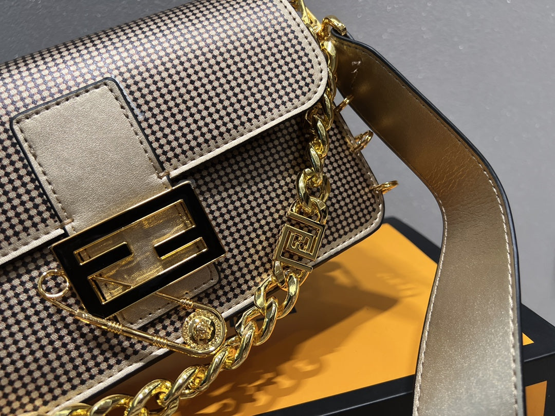 Fendi Metallic Silver Baguette Bag with Gold Chain and Safety Pin Detail