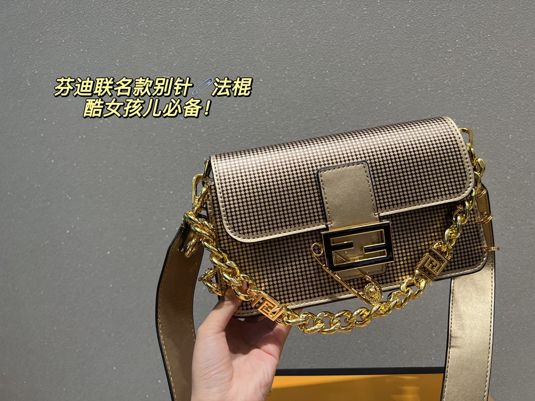 Fendi Metallic Silver Baguette Bag with Gold Chain and Safety Pin Detail