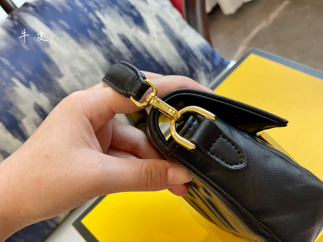 Fendi Baguette Bag - Black Nappa Leather with Embossed FF Motif and Gold Hardware