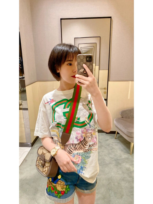 Women's Graphic Logo T-Shirt - Floral & Tiger Print - White Casual Cotton Tee