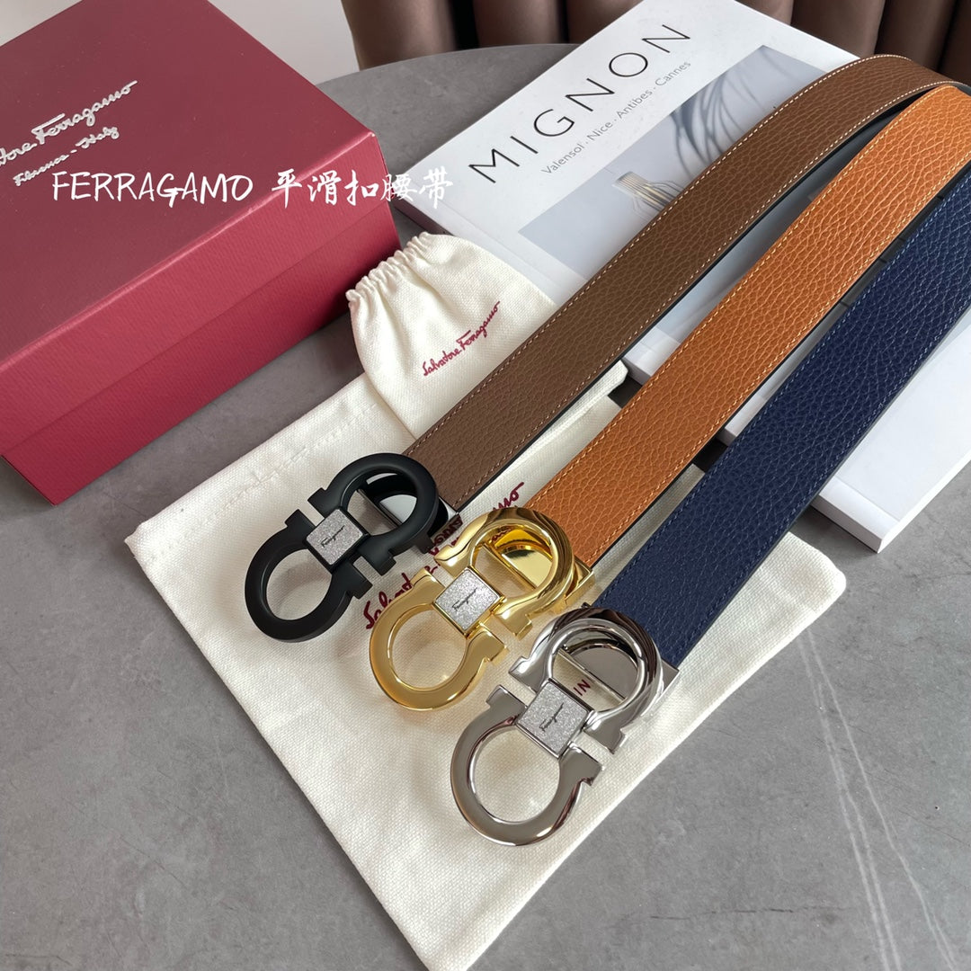 Salvatore Ferragamo Men's Black Pebbled Leather Belt with Matte Black Gancini Buckle, 35mm