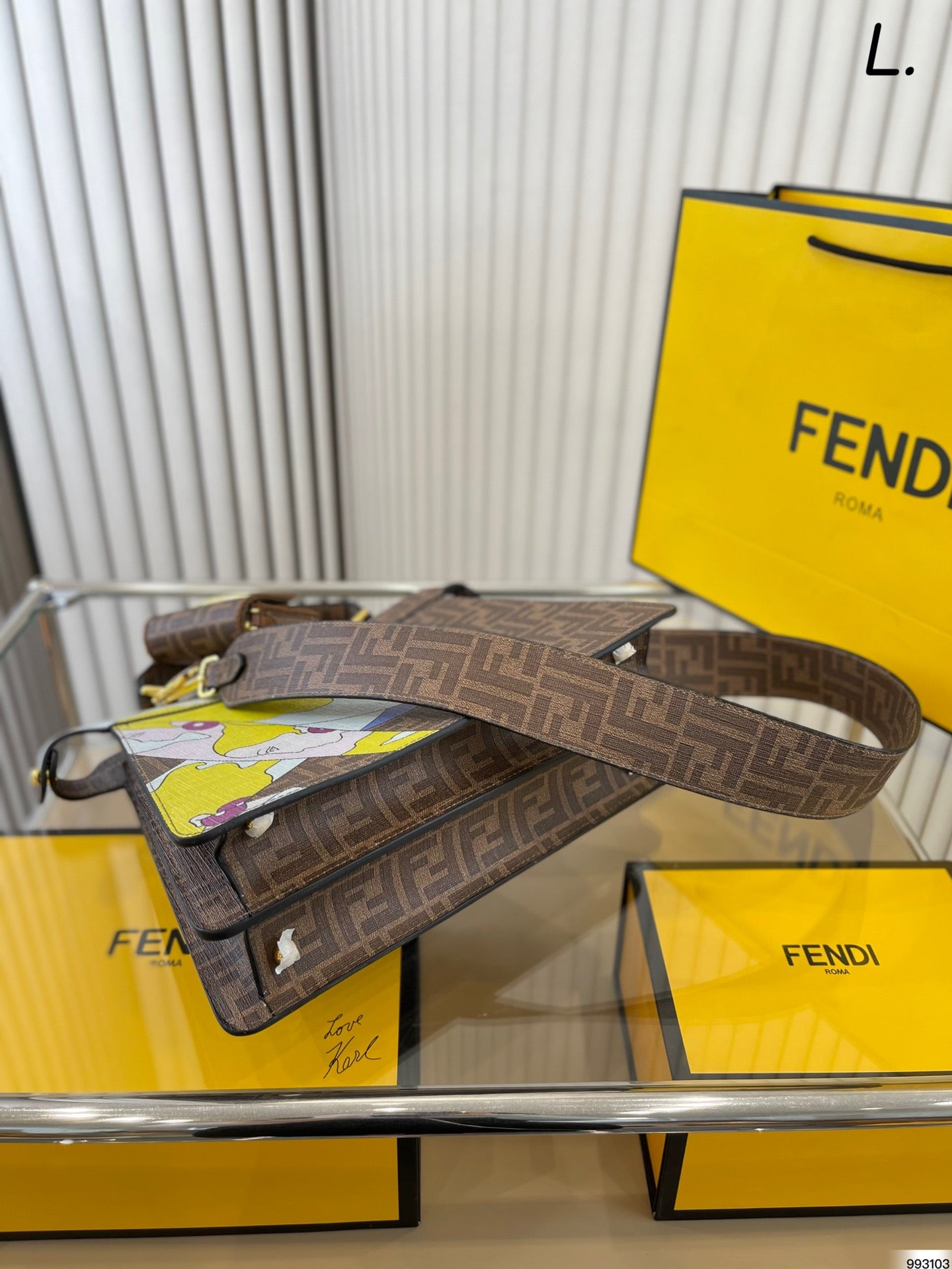 Fendi Peekaboo FF Monogram Graphic Print Handbag with Nano Baguette Charm