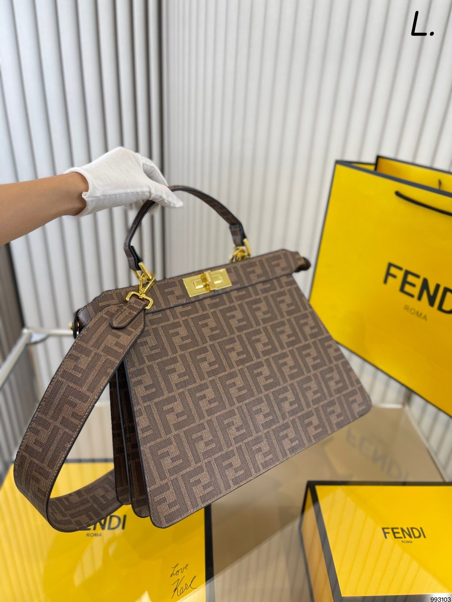 Fendi Peekaboo FF Monogram Graphic Print Handbag with Nano Baguette Charm