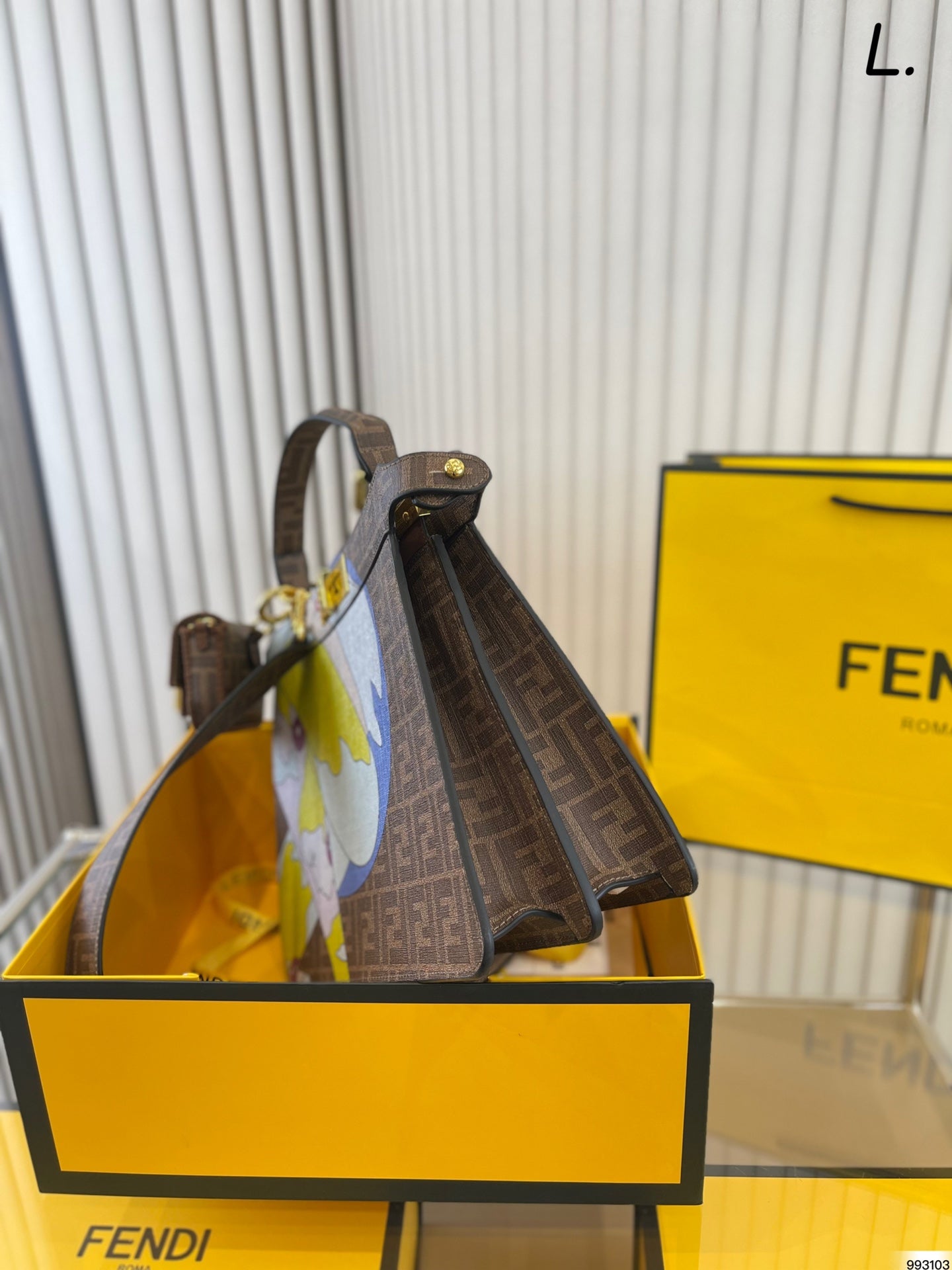 Fendi Peekaboo FF Monogram Graphic Print Handbag with Nano Baguette Charm