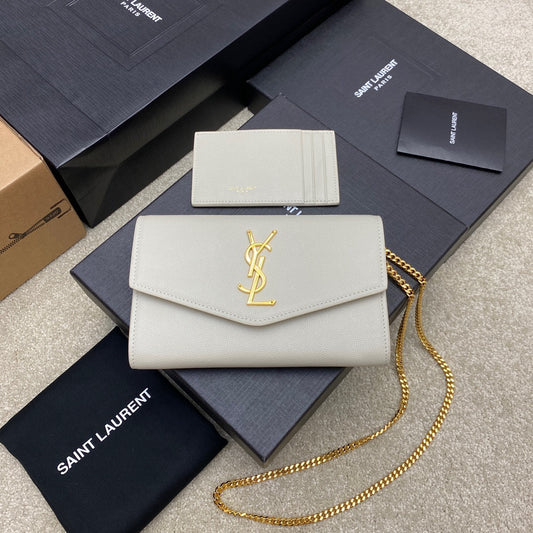 Saint Laurent Uptown Chain Wallet in Grain de Poudre Embossed Leather - Beige