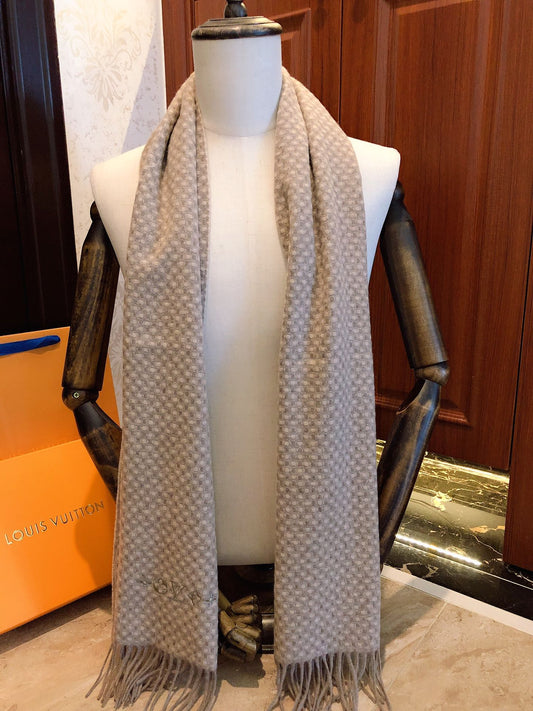 Unisex Beige Checkered Winter Scarf with Fringed Edges - Classic Soft Warm Neck Wrap