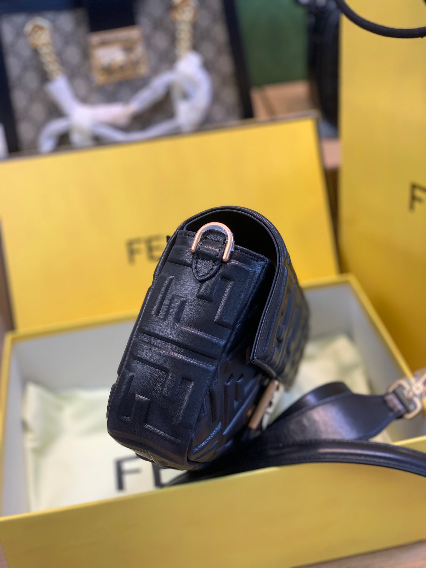 Fendi Black Embossed Nappa Leather Baguette Shoulder Bag with Gold Hardware