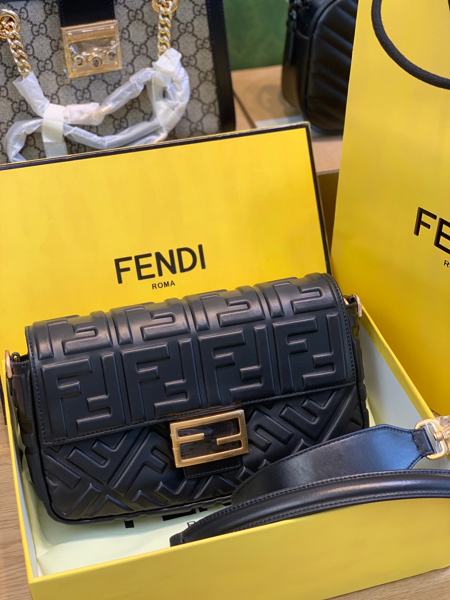 Fendi Baguette FF Embossed Black Leather Shoulder Bag with Gold Hardware