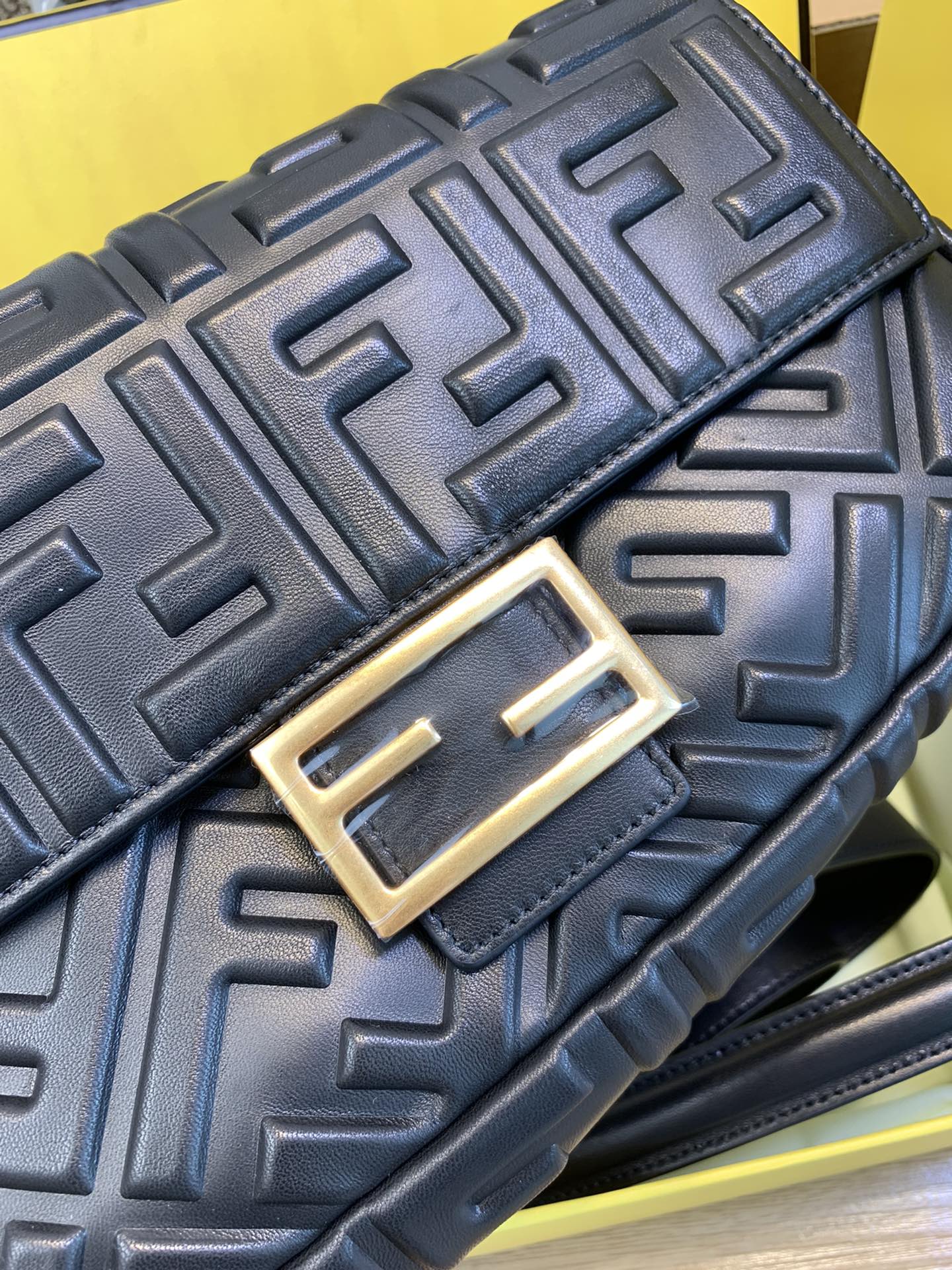 Fendi Baguette FF Embossed Black Leather Shoulder Bag with Gold Hardware