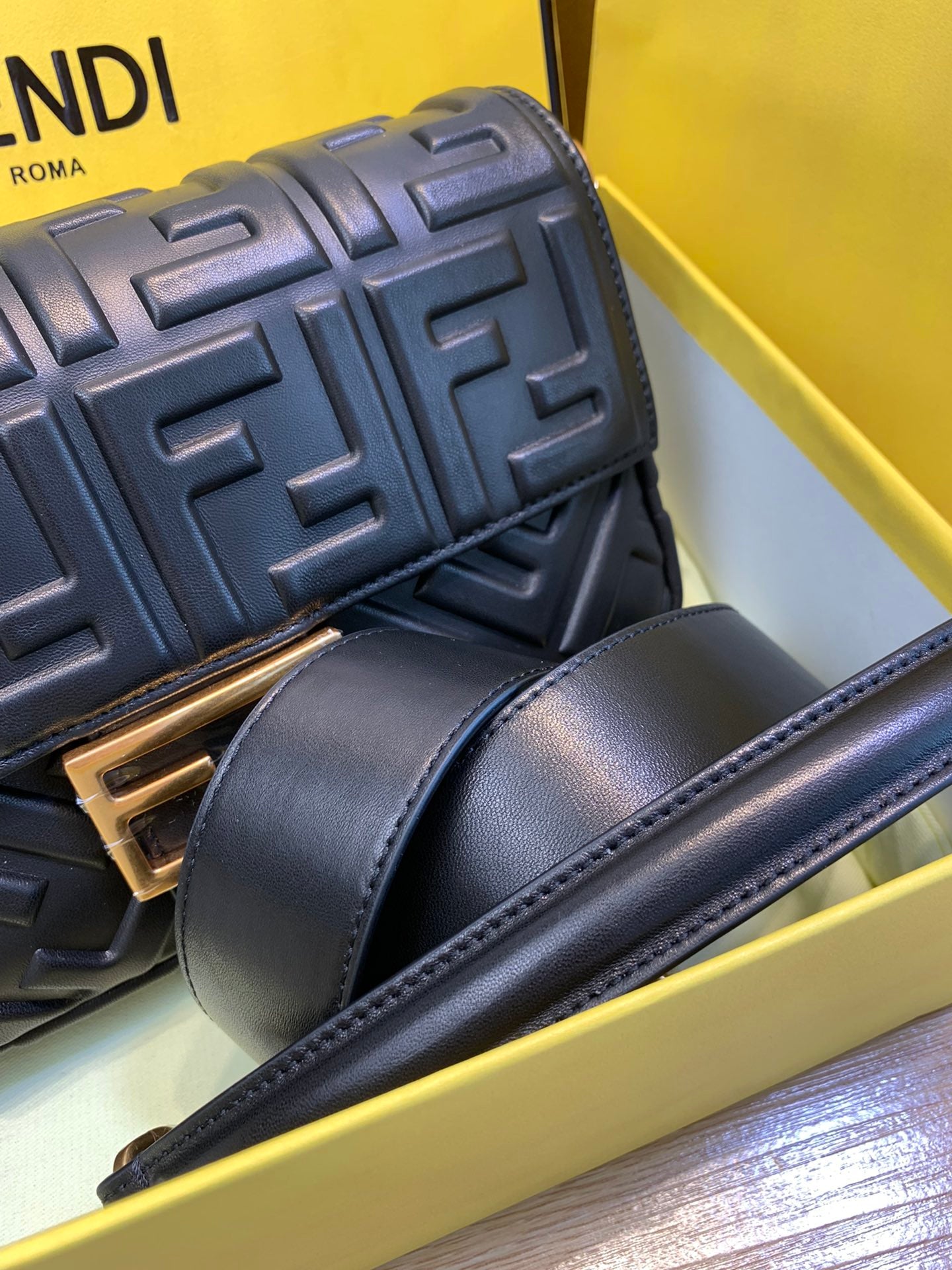 Fendi Baguette FF Embossed Black Leather Shoulder Bag with Gold Hardware