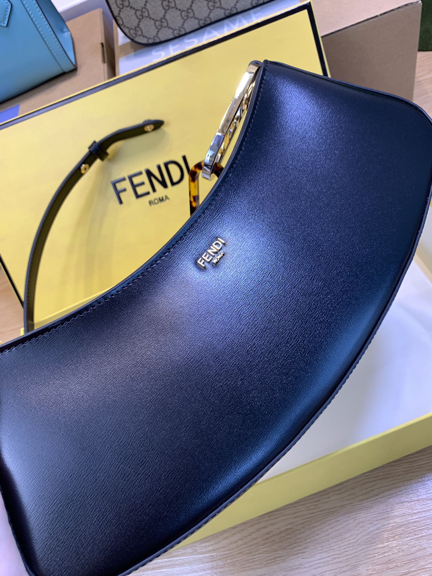 Fendi Roma Small Black Leather Crescent Shoulder Bag with Signature Box