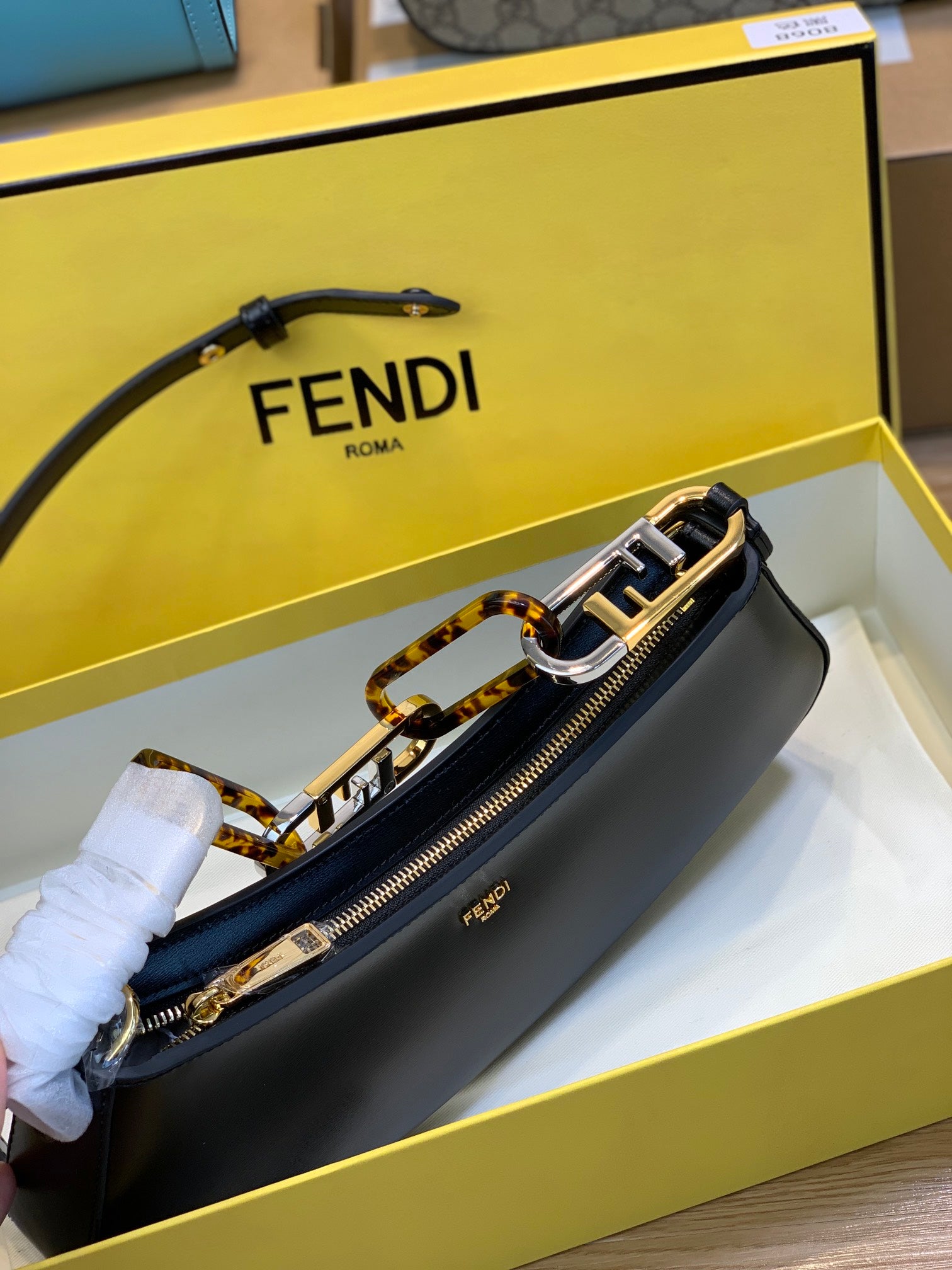 Fendi Roma Small Black Leather Crescent Shoulder Bag with Signature Box