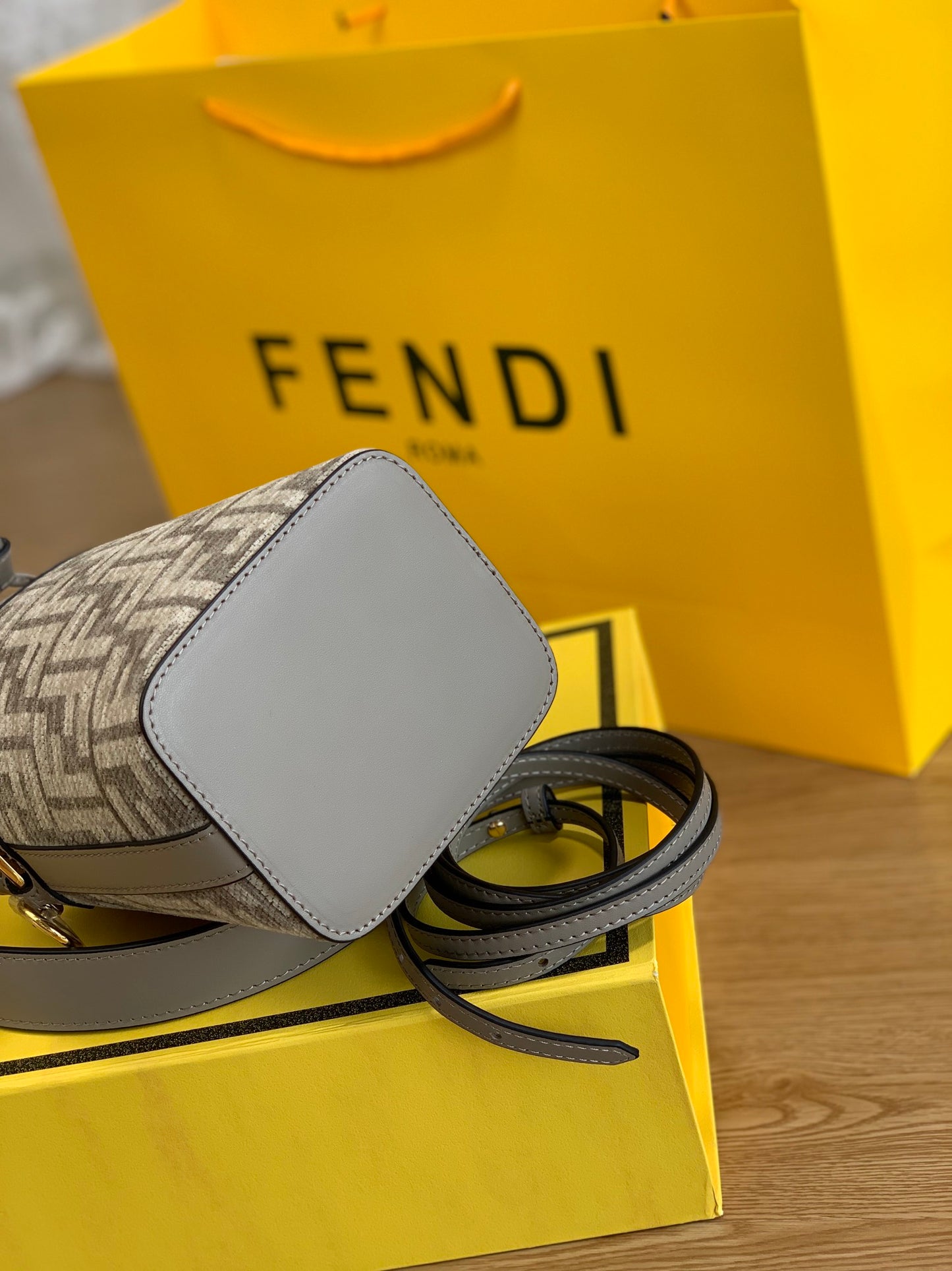 Fendi Mon Tresor Mini Bucket Bag - Grey FF Zucca Canvas with Leather Trim
