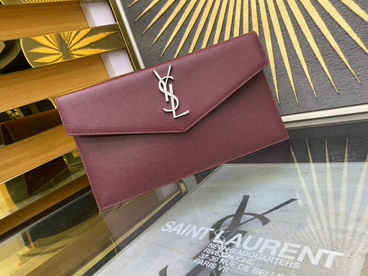 Saint Laurent Cassandre Leather Envelope Clutch - Burgundy Silver Hardware