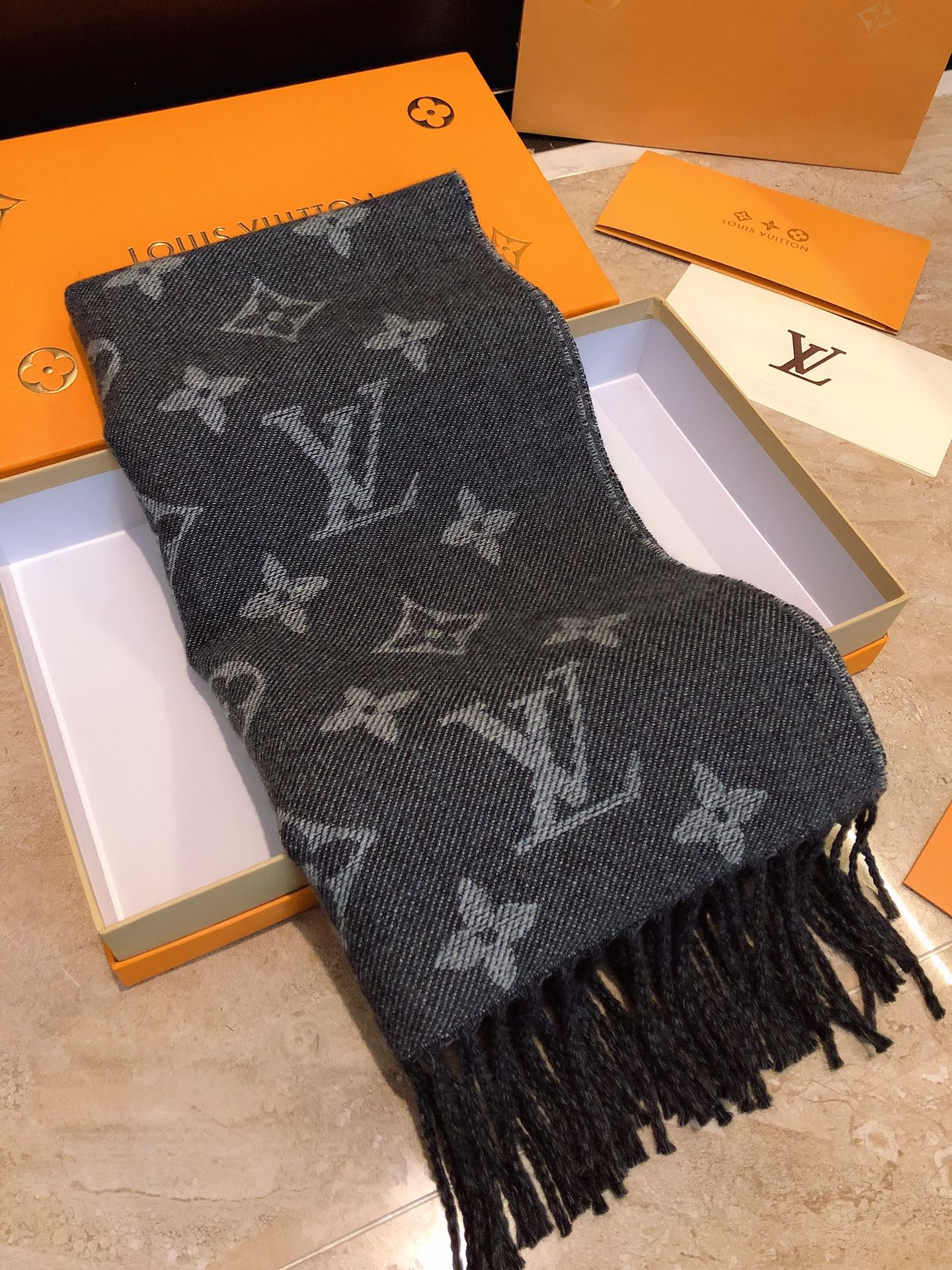 Louis Vuitton Monogram and Houndstooth Wool Scarf - Grey and Black Reversible Fringe Shawl