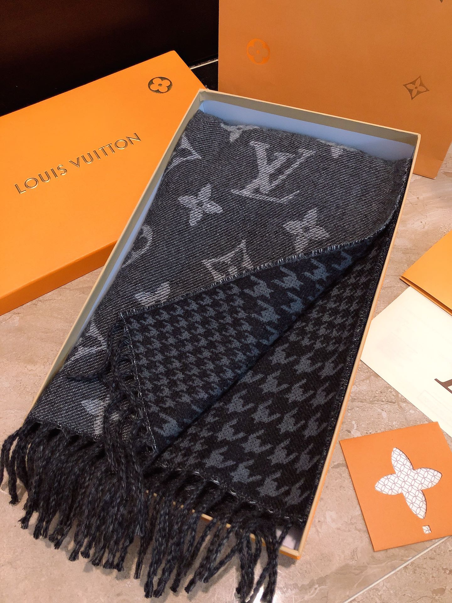 Louis Vuitton Monogram and Houndstooth Wool Scarf - Grey and Black Reversible Fringe Shawl