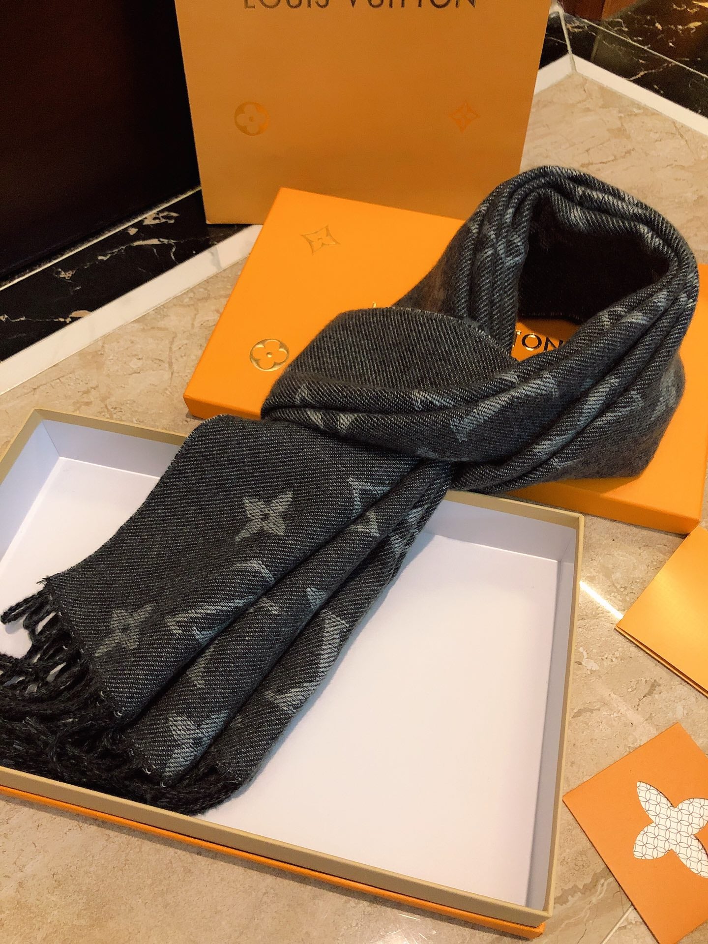 Louis Vuitton Monogram and Houndstooth Wool Scarf - Grey and Black Reversible Fringe Shawl