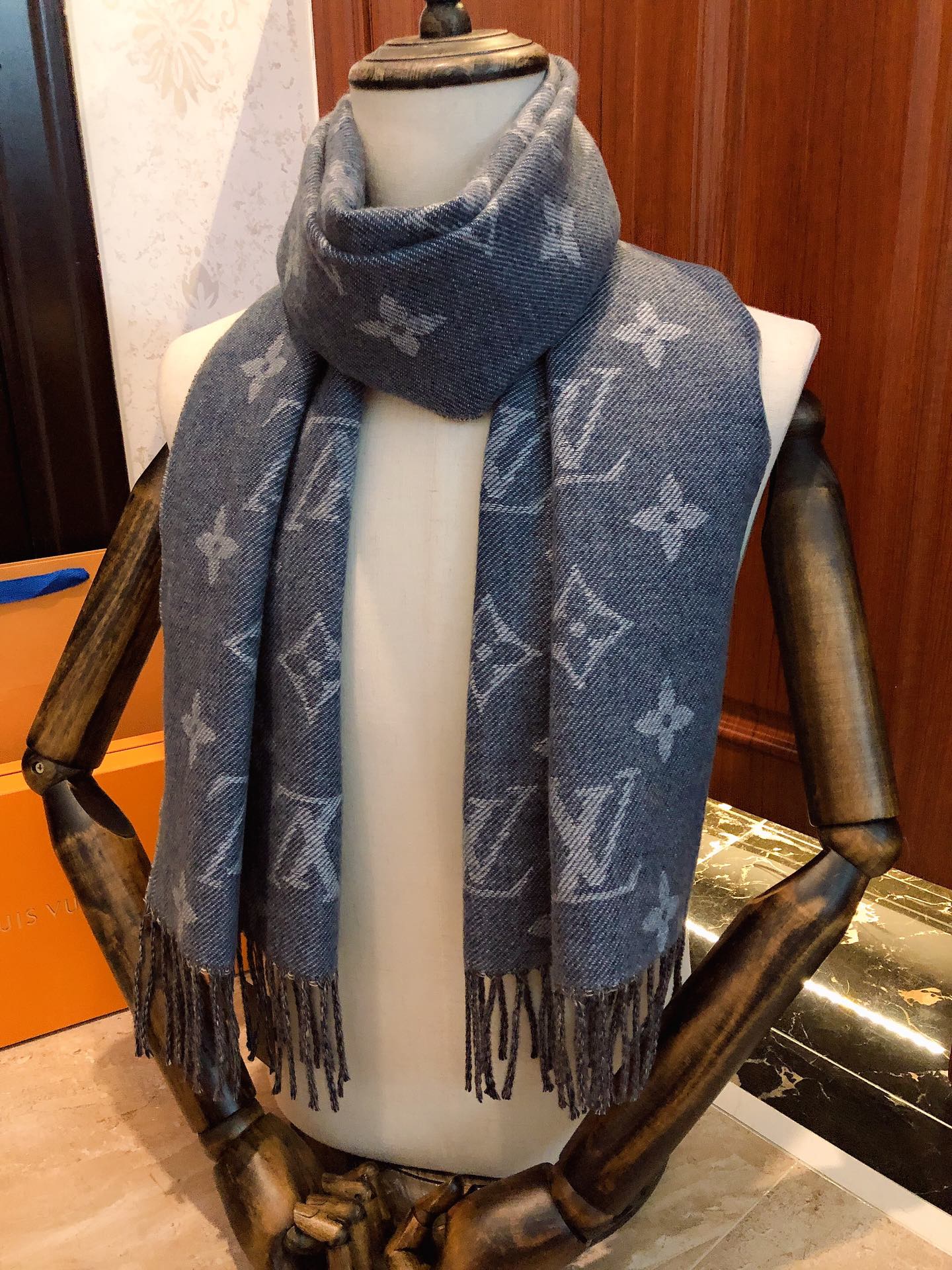 Louis Vuitton Monogram and Houndstooth Reversible Scarf - Blue Denim Grey Wool Blend Shawl with Fringe