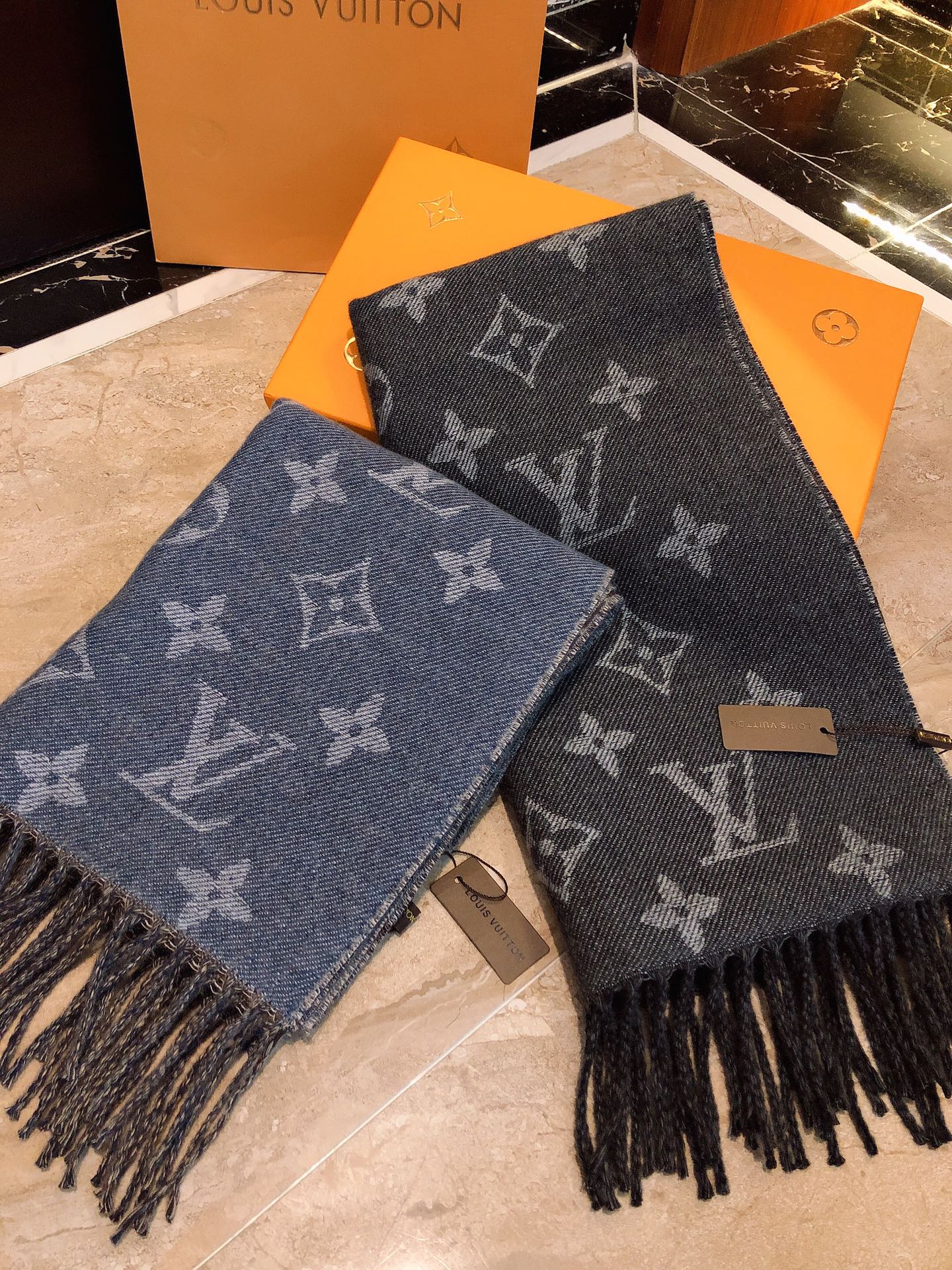 Louis Vuitton Monogram and Houndstooth Reversible Scarf - Blue Denim Grey Wool Blend Shawl with Fringe