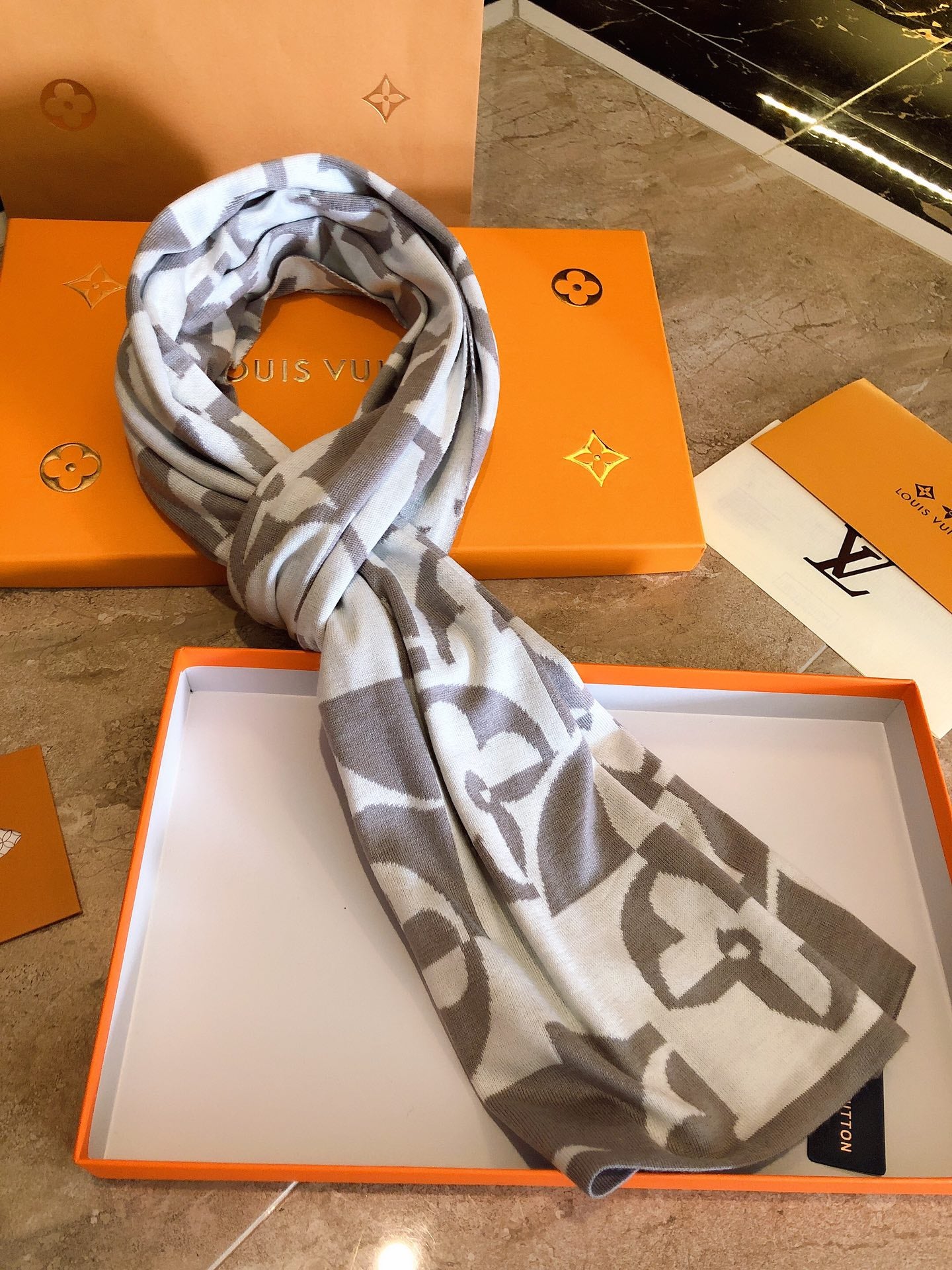 Luxury Monogram Pattern Designer Scarf, White and Grey Soft Winter Wrap for Men and Women