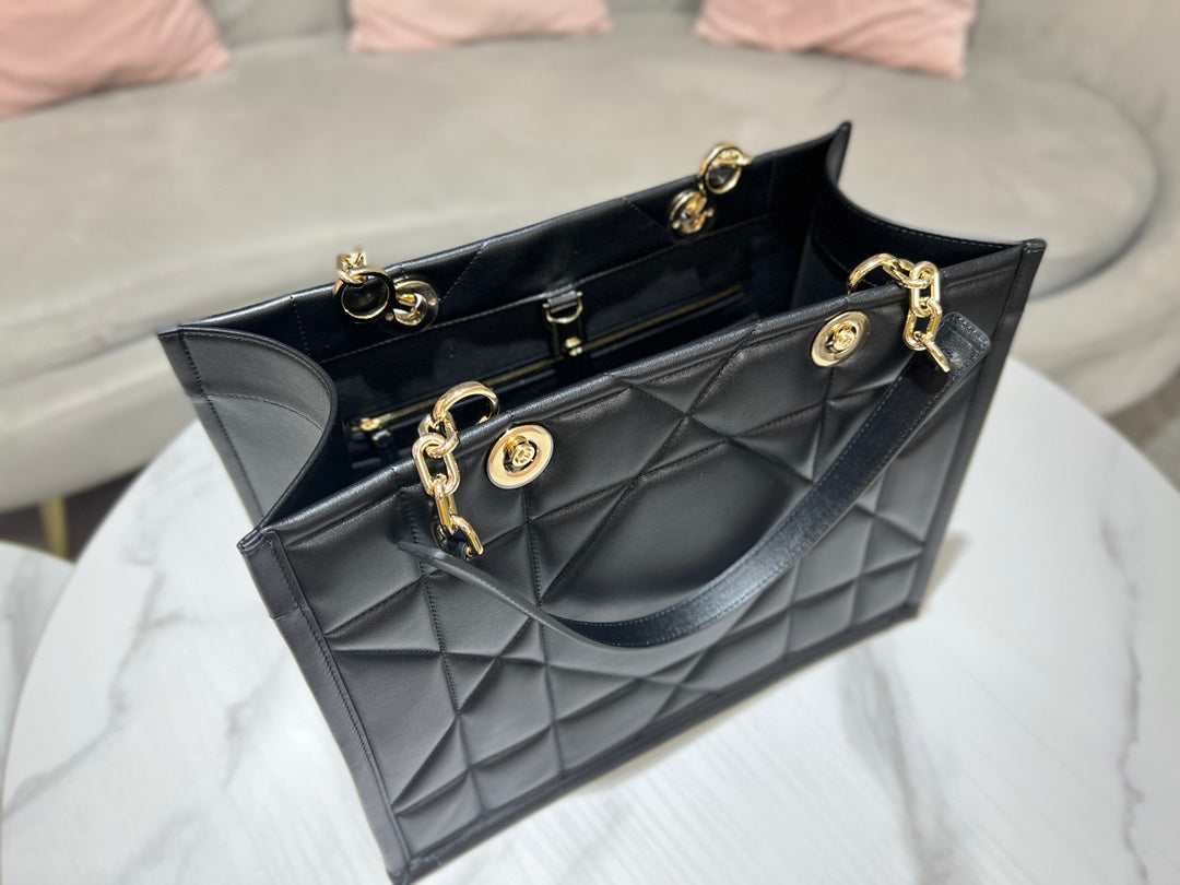 Dior Elegant Black Quilted Leather Tote Handbag with Top Handles
