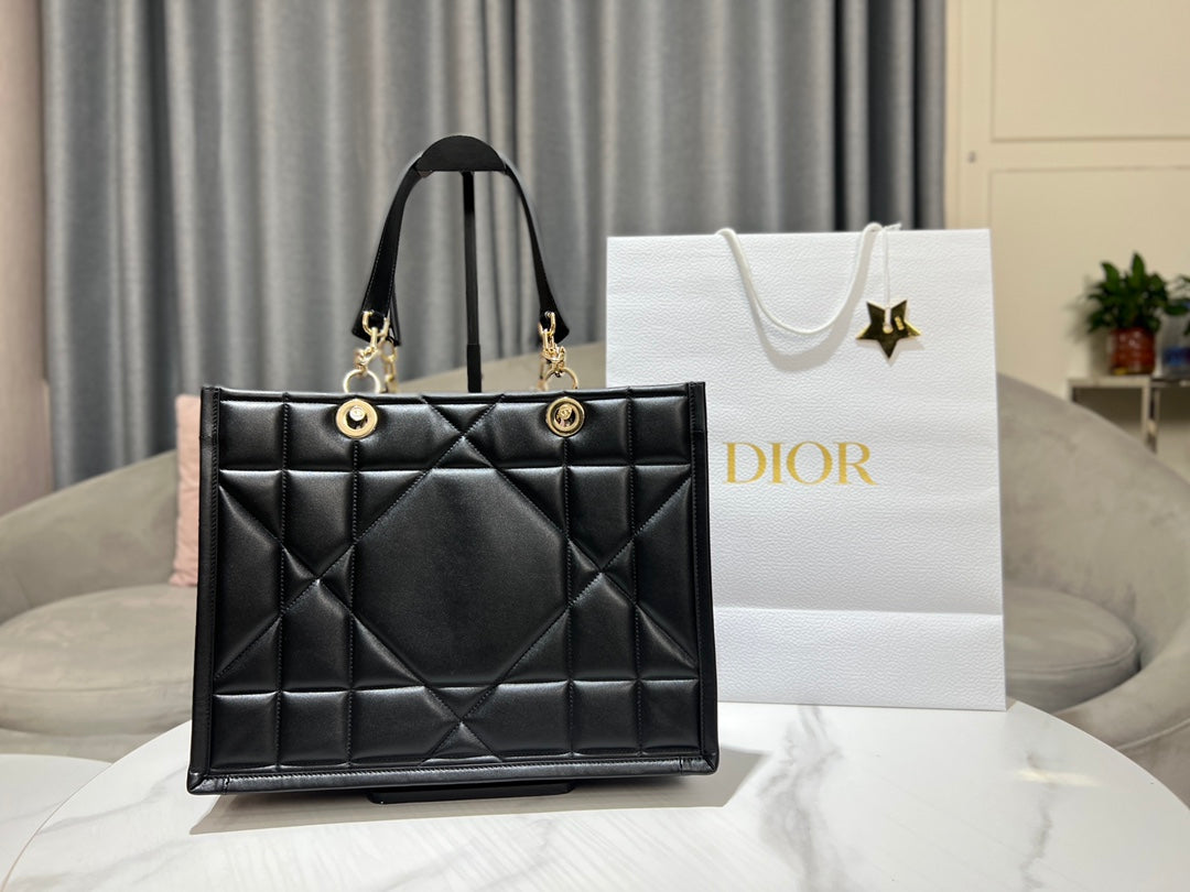 Dior Elegant Black Quilted Leather Tote Handbag with Top Handles