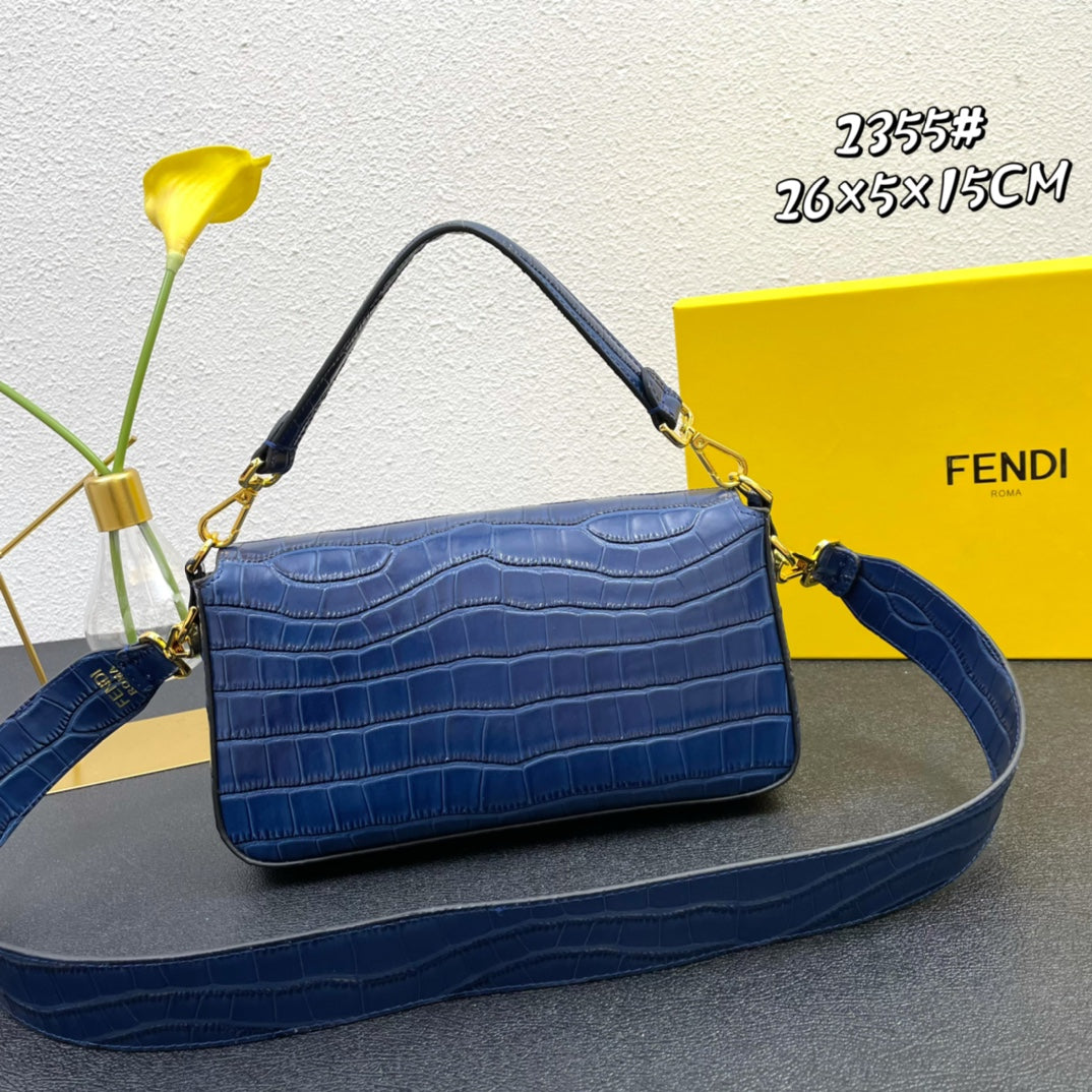 Fendi Blue Croc-Embossed Baguette Shoulder Bag with Gold Hardware