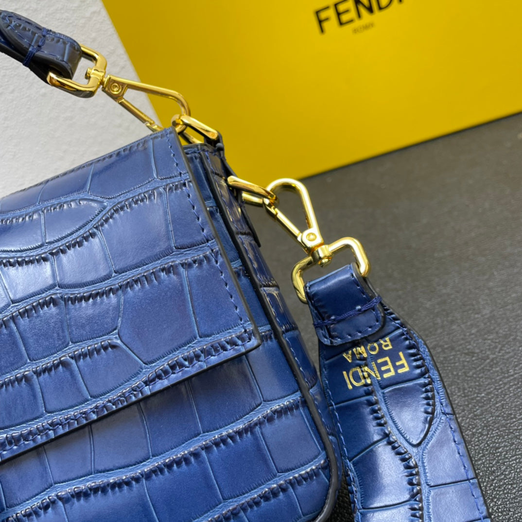 Fendi Blue Croc-Embossed Baguette Shoulder Bag with Gold Hardware