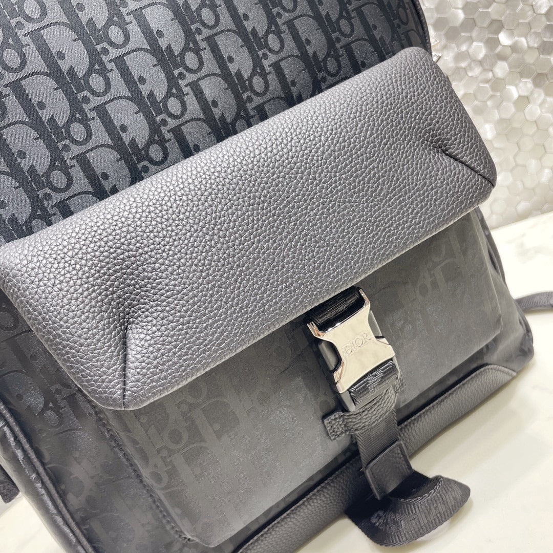Dior Navy Blue Monogram Canvas Backpack with Buckle Front Flap
