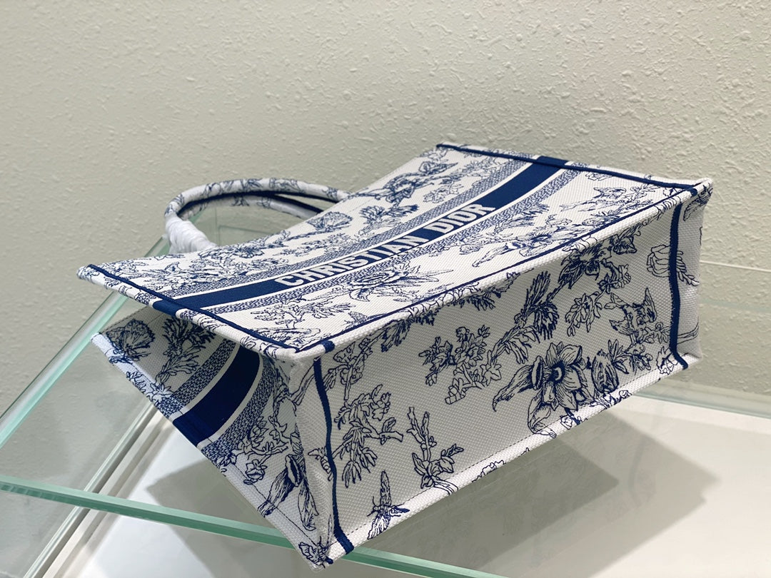 Dior Blue and White Floral Toile Embroidered Canvas Tote Bag