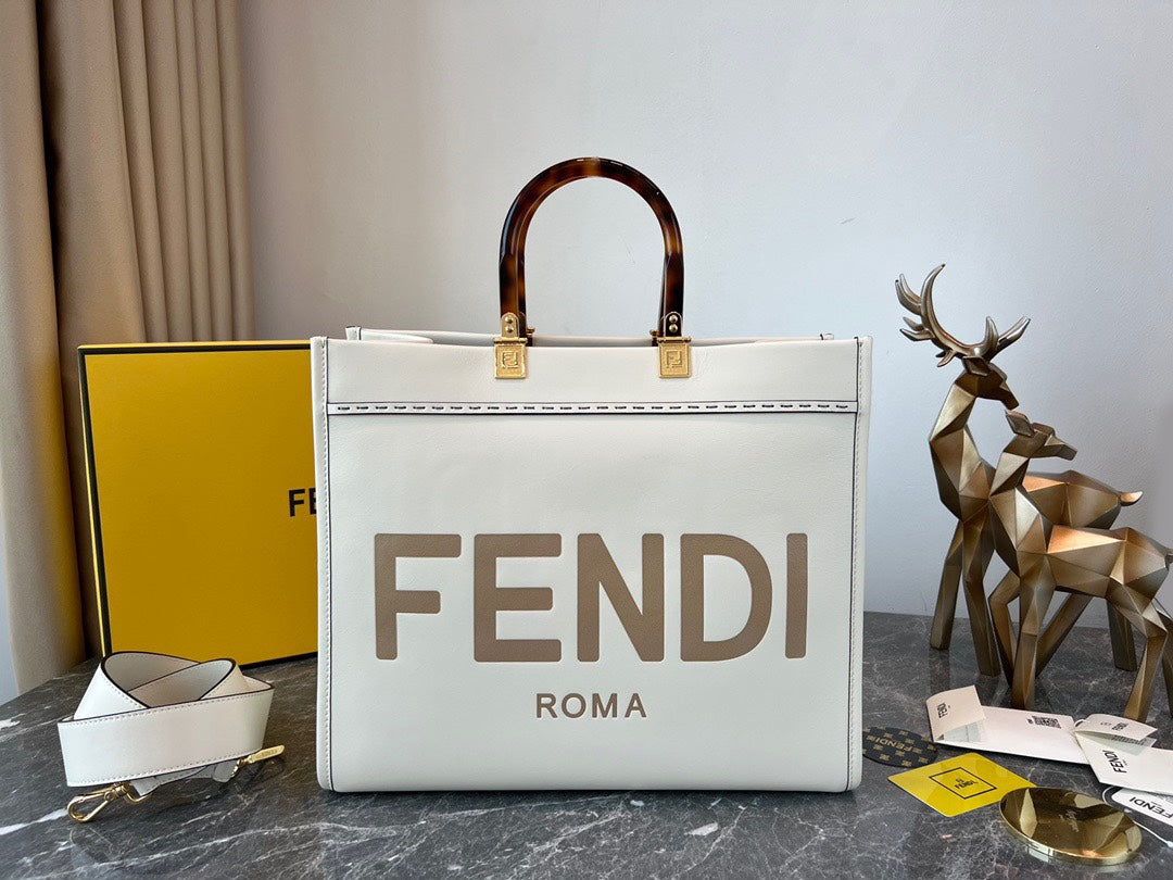Fendi Sunshine Medium Shopper Bag - White Leather Tote with Tortoiseshell Handles