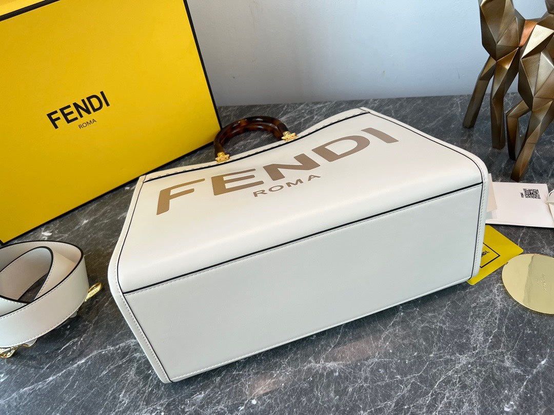 Fendi Sunshine Medium Shopper Bag - White Leather Tote with Tortoiseshell Handles