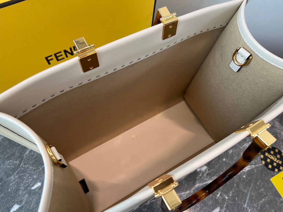 Fendi Sunshine Medium Shopper Bag - White Leather Tote with Tortoiseshell Handles