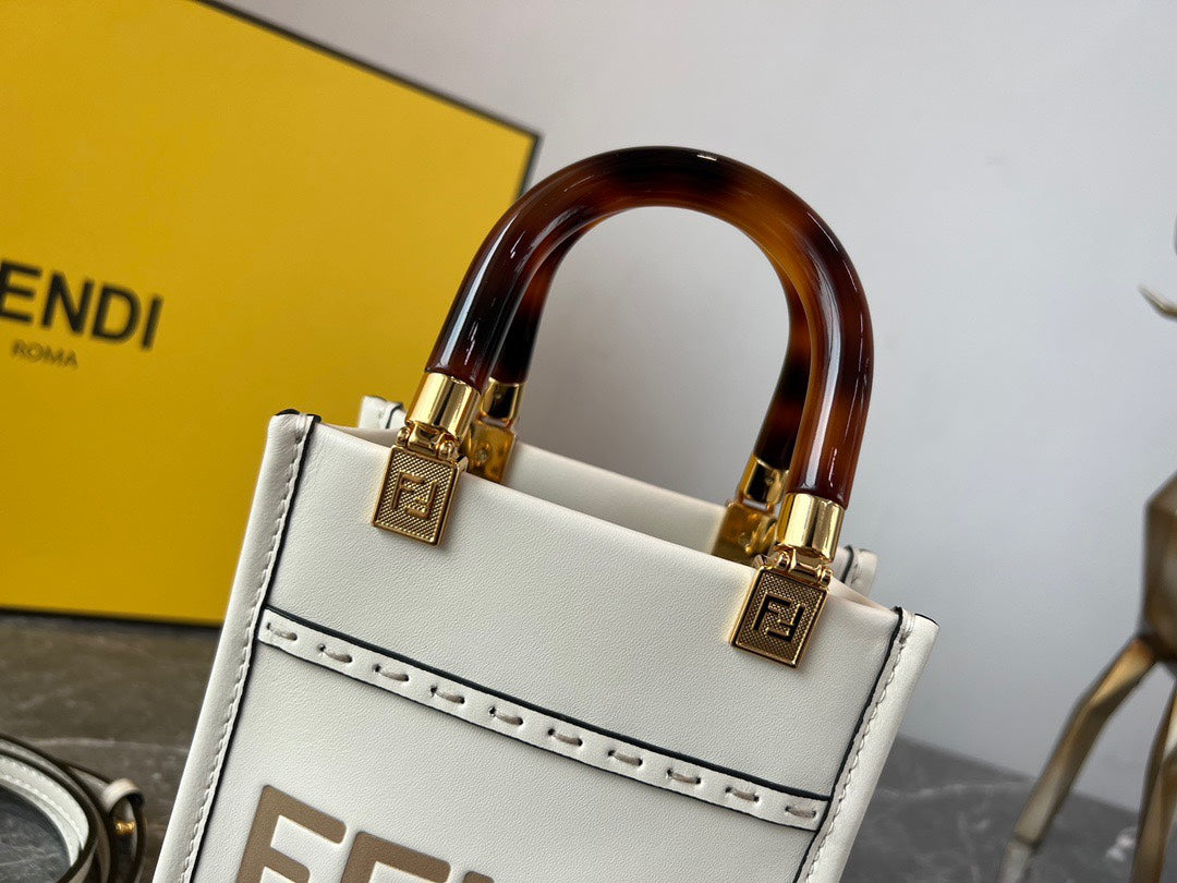 Fendi Sunshine Shopper Mini White Leather Handbag with Logo