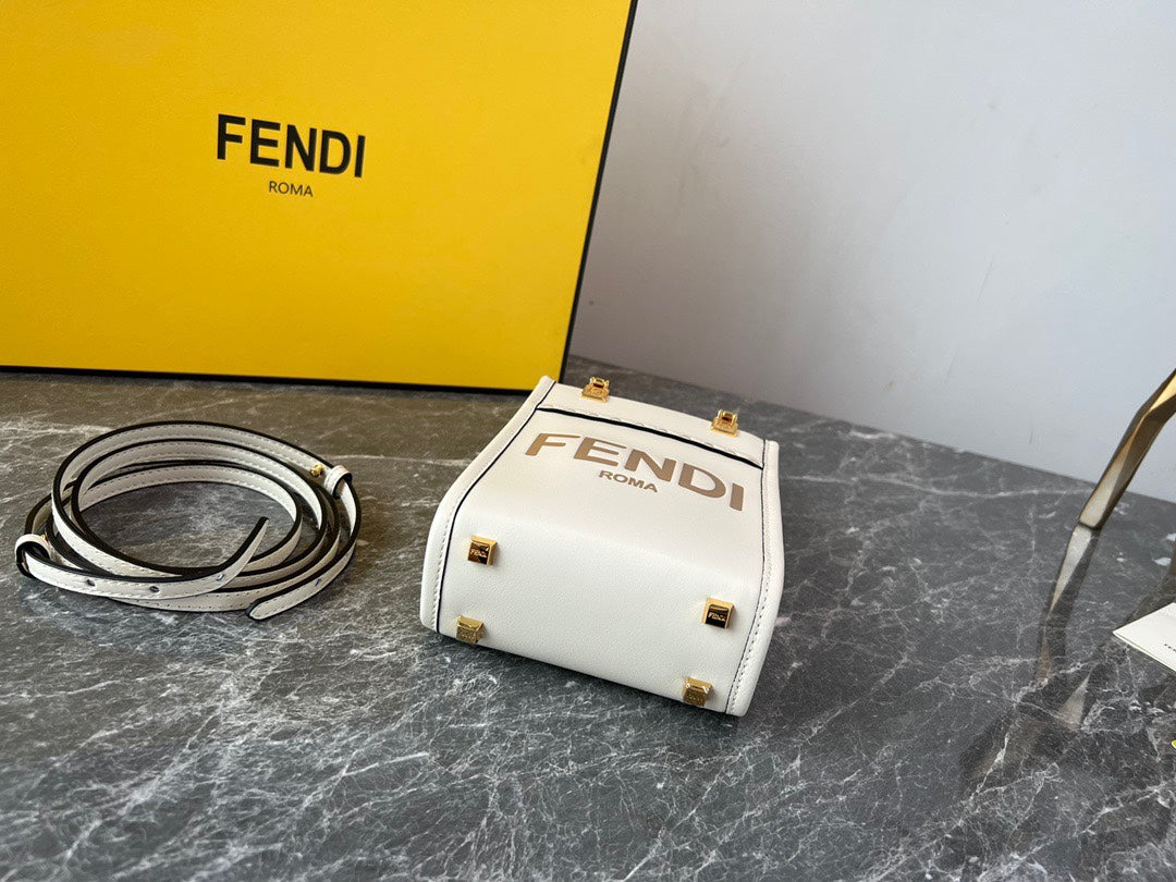 Fendi Sunshine Shopper Mini White Leather Tote Bag with Tortoiseshell Handles