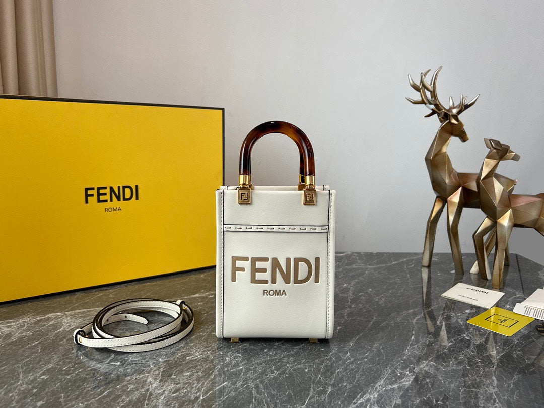 Fendi Sunshine Shopper Mini White Leather Handbag with Logo
