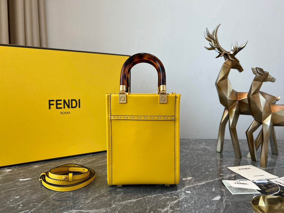 Fendi Sunshine Shopper Mini Yellow Leather Bag with Embossed Logo