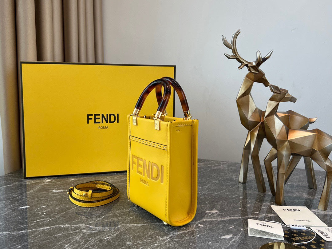 Fendi Sunshine Shopper Mini Yellow Leather Bag with Embossed Logo