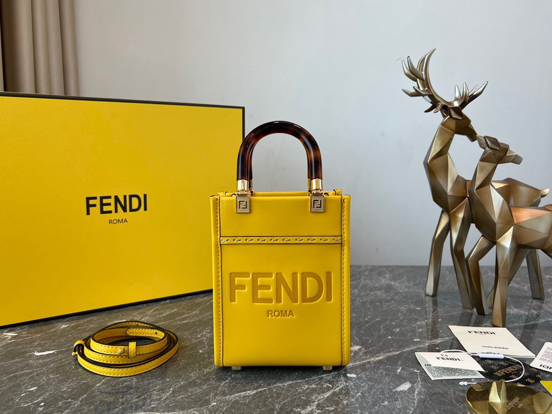 Fendi Sunshine Shopper Mini Yellow Leather Bag with Embossed Logo