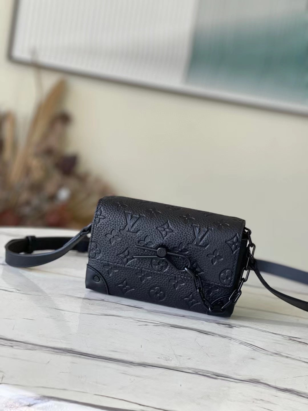 Louis Vuitton Matte Black Embossed Leather Crossbody Bag with Chain Detail